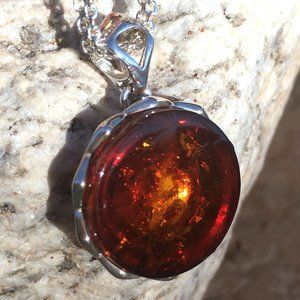 Baltic Amber .925 Pendant Authentic Large Round Genuine Gemstone Sterling Silver